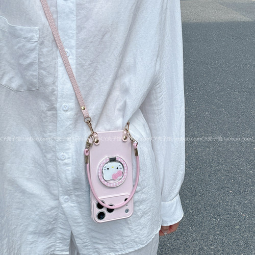 少女粉KT猫镜子支架带挂绳手机壳