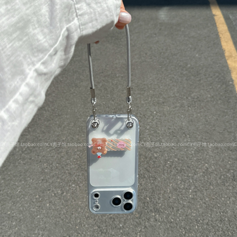 ins风小众可爱条纹波点小熊折叠支架适用iPhone17promax手机壳苹果16pro银手提绳15promax透明软壳14高级感13