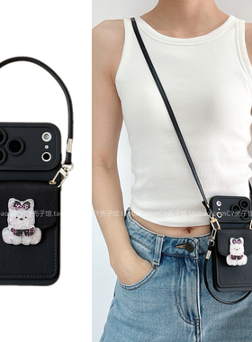 ins可爱甜酷黑西高地小狗卡包适用OPPOReno15/14/13手机壳findx9/x8s/x7斜挎背带手提绳A6pro新款A5保护套K13
