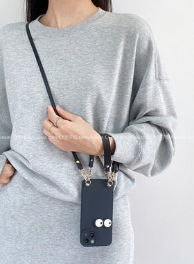 大眼萌萌~适用OPPOReno13/12/11黑色手机壳findx8x7x6斜挎背带A5手提绳A3pro简约甜酷ins风k12全包防摔保护套