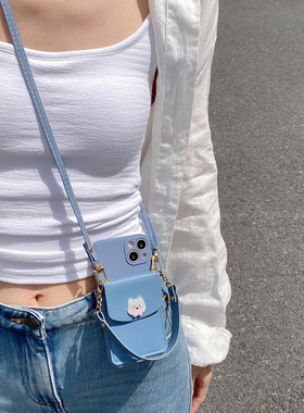 给你一只可爱小狗~简约气质灰蓝色卡包适用小米15手机壳红米note1314pro斜挎手提绳k80k70软壳turbo4防摔civi