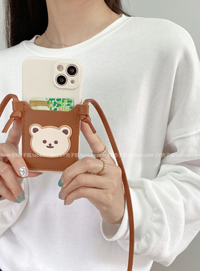 ins风卡通小熊插卡包适用荣耀100pro手机壳90GT/80斜挎绳70背带50/30可爱x50ix40i少女magic6/5全包防摔软套