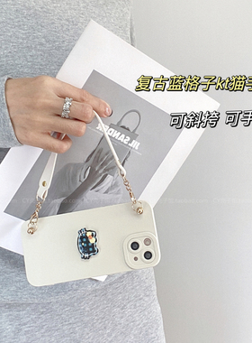 复古蓝格子kt猫简约白色适用vivox200promini/x100手机壳s191817全包iqoo13/neo9手提腕带挂绳斜挎背带保护套