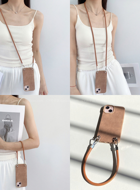 小众高级感皮纹斜挎挂绳手机壳适用华为mate70/6050新款P70女nova13/12软壳荣耀200/100手提magic7防摔x60pro