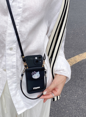 日韩ins甜酷小众黑色猫咪卡包手机壳适用opporeno14/13/12/11保护套findx8s/x7斜挎绳手提绳A3/A5pro防丢软壳