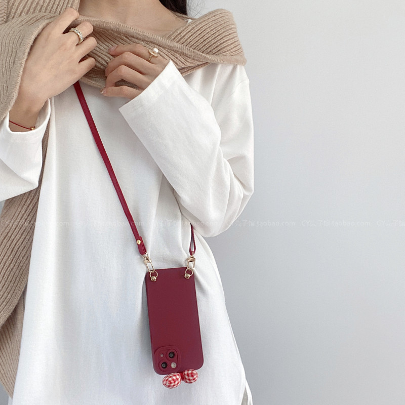 新年酒红色格子蝴蝶结适用华为mate70605040手机壳Pura70新款nova13/12pro高级感手提腕带挂绳斜挎背带保护套