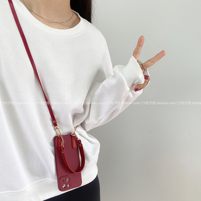 简约酒红色手拎斜挎绳适用小米15/14手机壳红米note14/13pro纯色12Turbo4背带k807060全包防摔civi高级感软壳