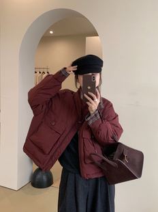 新款 羽绒服女立领休闲时尚 韩版 短款 宽松拼接格子外套 时尚 2024冬季