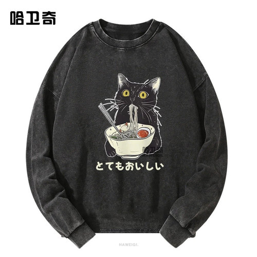新款Kawai猫咪日式猫吃拉面搞怪滑稽长袖T恤棉个性街头打底衫衣服