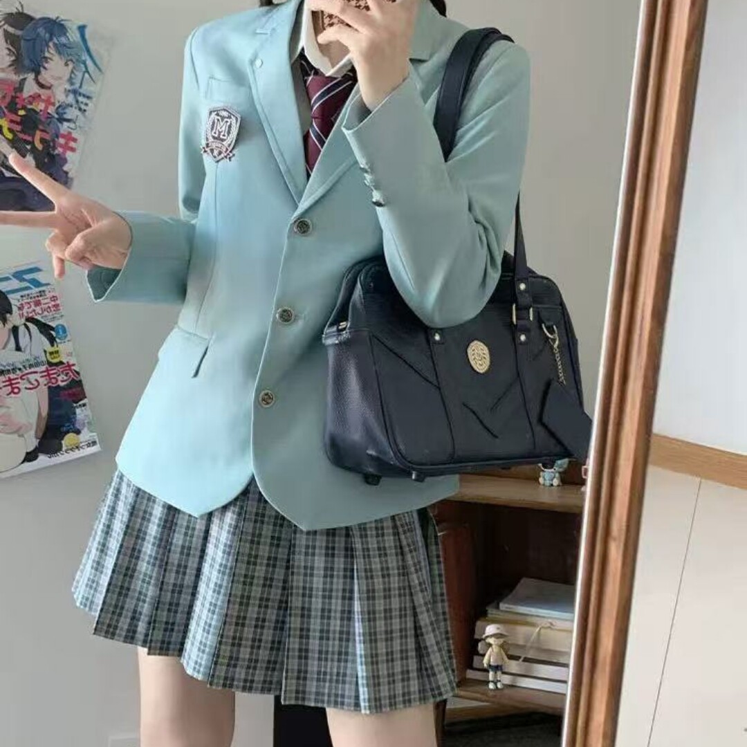墨秋JK制服薄荷绿格裙西装领结套装衬衫内搭日系校供针织衫六件套