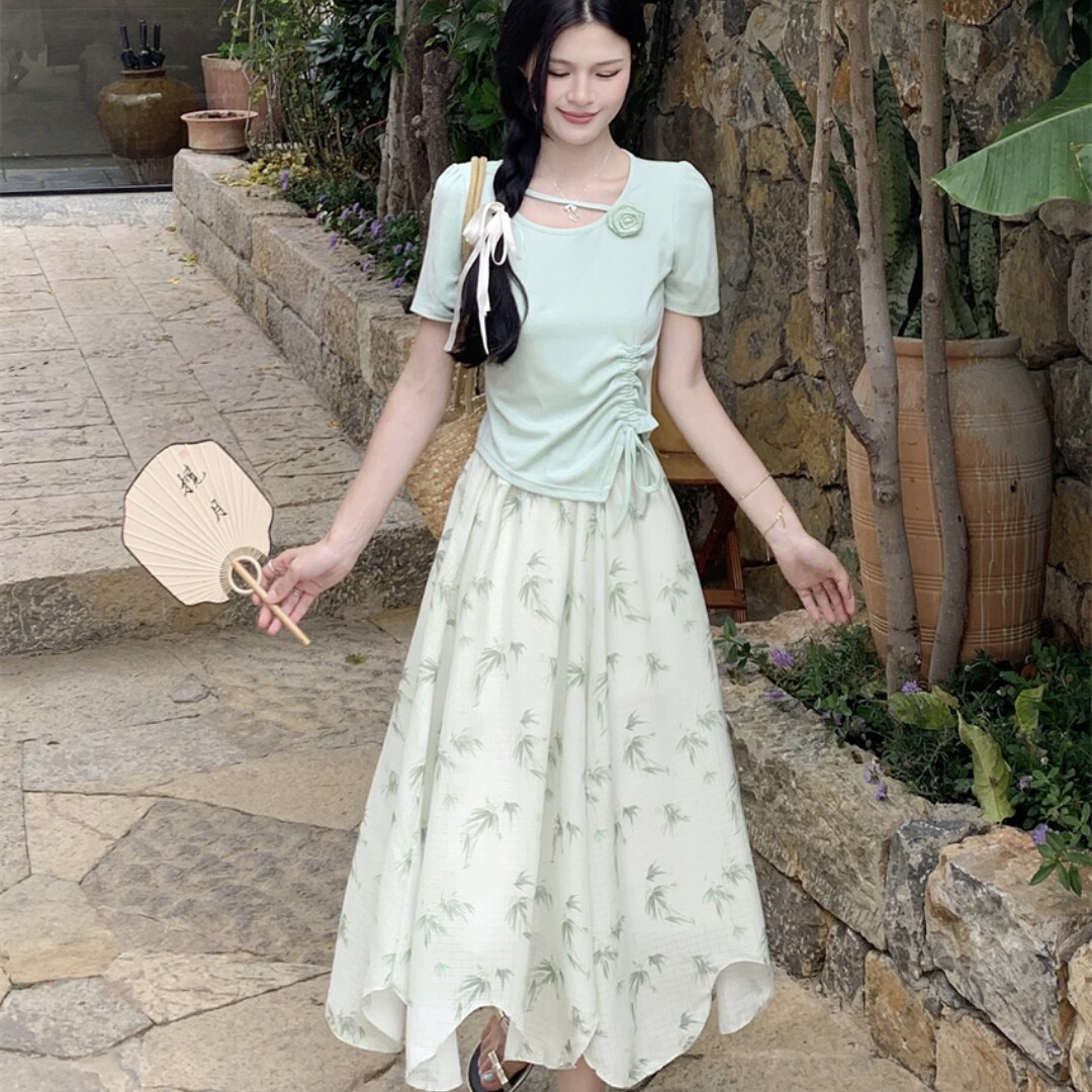 中式不规则立体花朵抽绳系带收腰T恤女夏水墨印花大摆裙套装