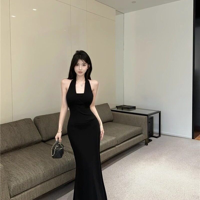 黑色辣妹包臀中长裙钻石美背绑带收腰挂脖无袖小妈风连衣裙夏季女