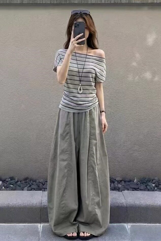 韩系慵懒风条纹一字肩短袖T恤女夏季新款高腰显瘦阔腿裤两件套装