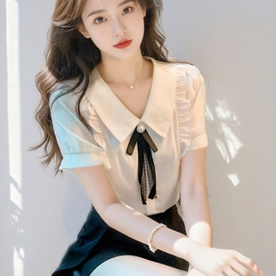 方领雪纺衫 洋气仙女2025夏季 新款 衬衫 上衣韩版 气质短袖 小衫
