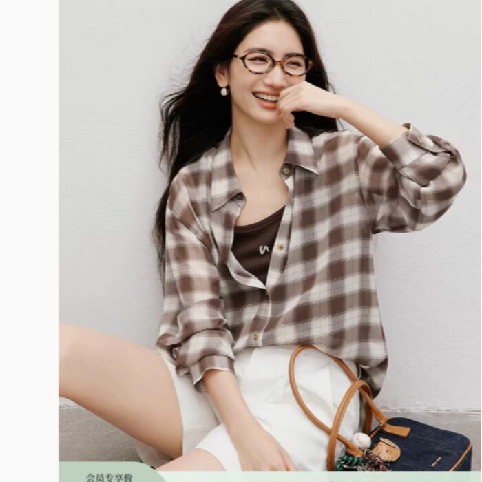 美式复古格子衬衫2025秋季新款女装摩卡回响长袖宽松上衣
