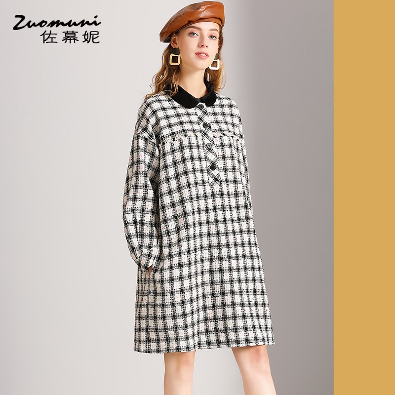 佐幕妮宽松娃娃领连衣裙女2020新款秋装中长款长袖格子时尚12248