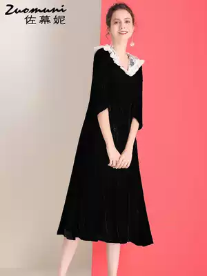 Sasuni loose black velvet dress new female spring 2021 long version Half sleeve lace 11136