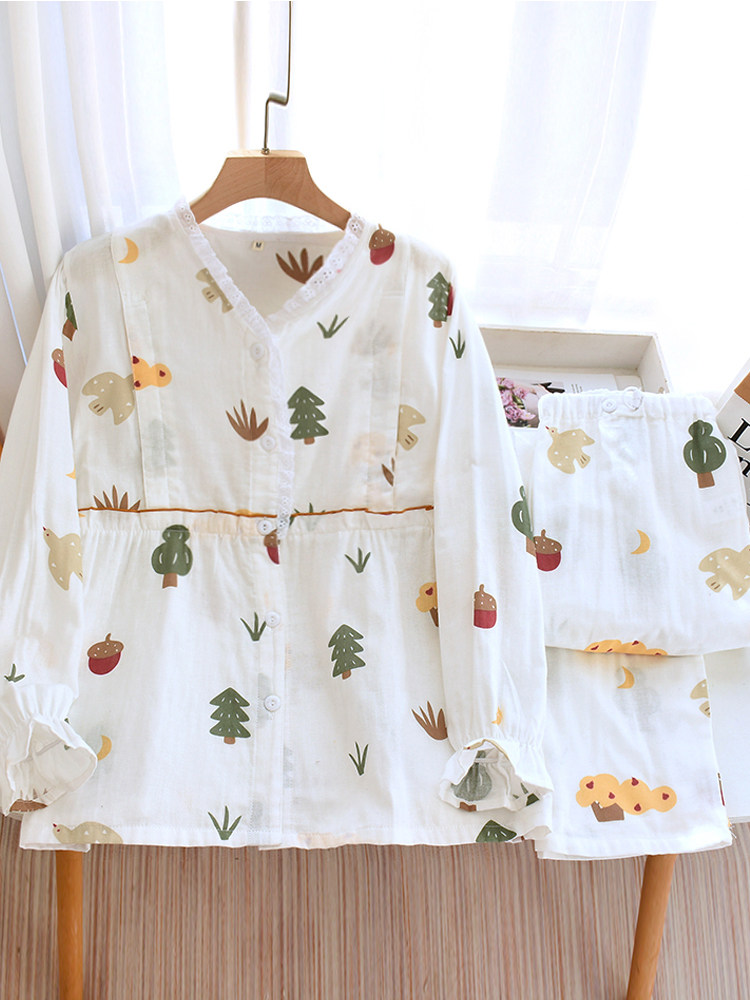 여름 수감복 봄 가을 여름 순면 거즈 출산 잠옷 얇은 단면 산후 대형 200파운드 9월 10일