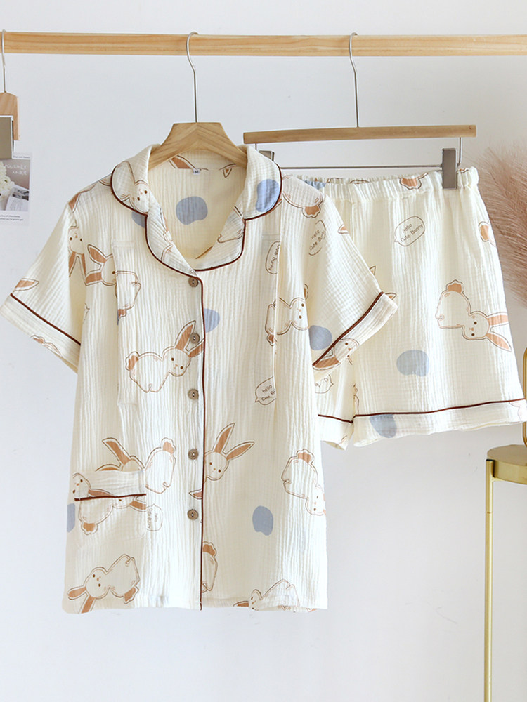 여름 수유 잠옷 하복 감금복 임산부 투피스 세트 얇은 여름 반팔 반바지 임신면 거즈