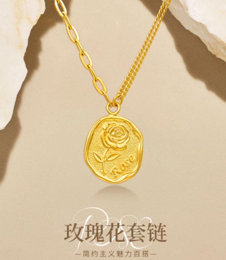 纯银镀黄金色法式复古玫瑰花牌项链女金币锁骨链花朵套链礼物百搭