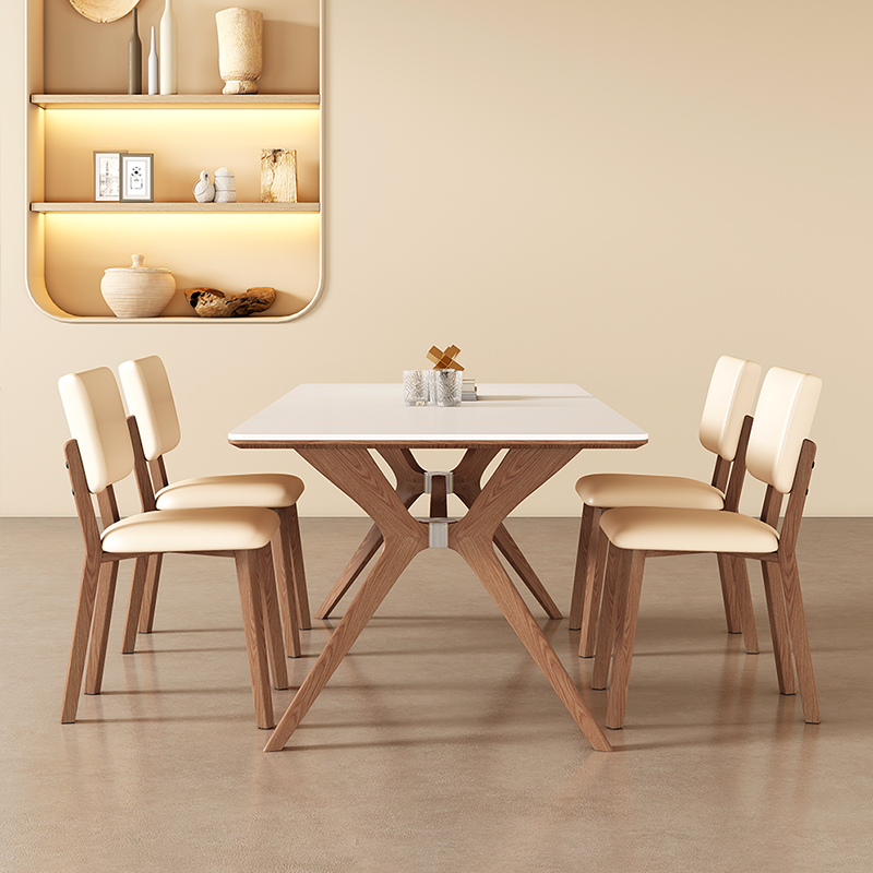 侘寂奶油风纯白岩板餐桌胡桃木色实木长方形桌子小户型餐桌椅组合