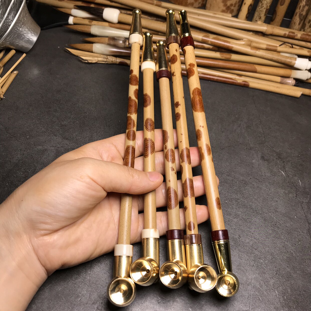 精品红湘妃烟袋锅镶嵌花牛角 福建红香妃竹子烟杆老式烟袋锅烟具