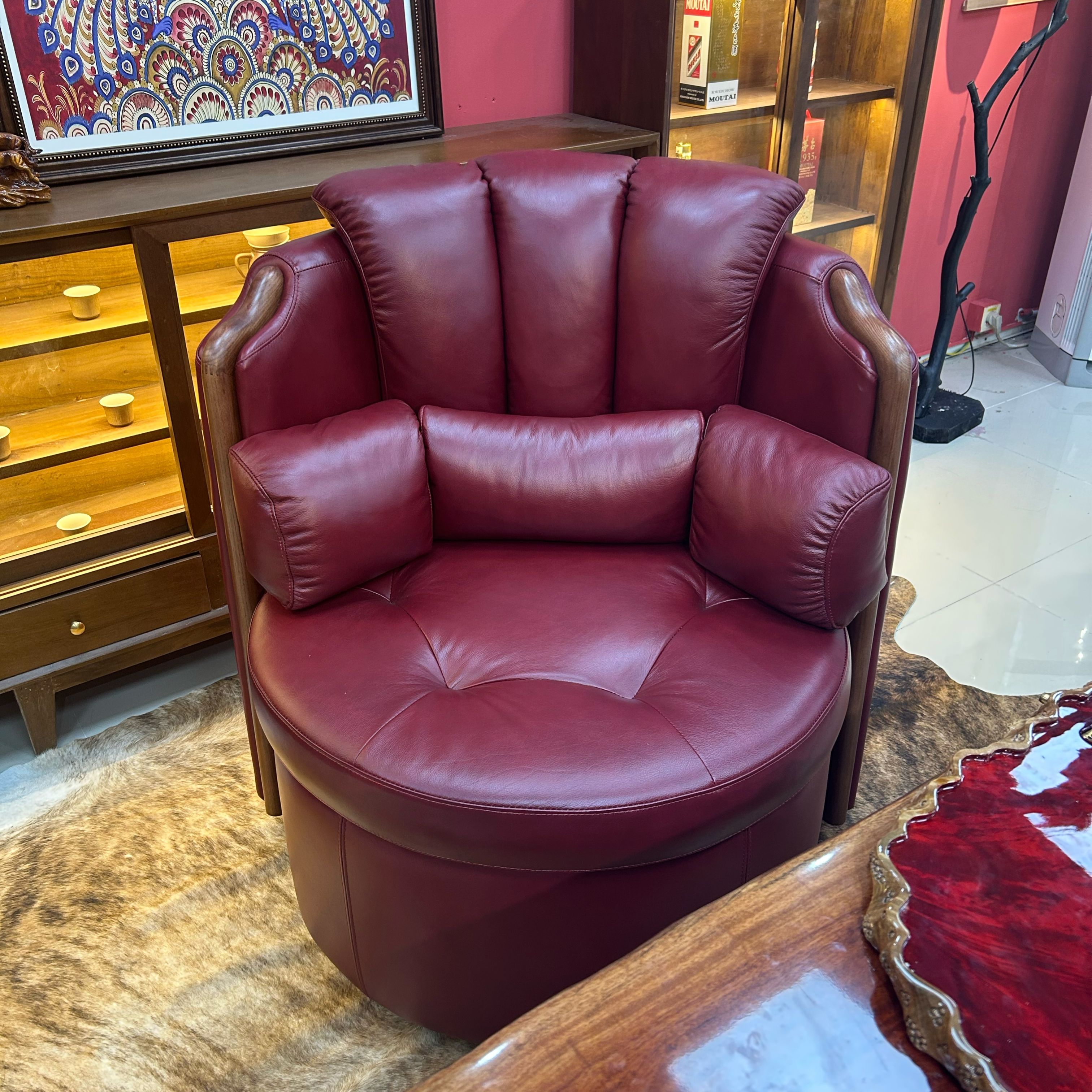 江山椅中古风头层牛皮旋转沙发椅