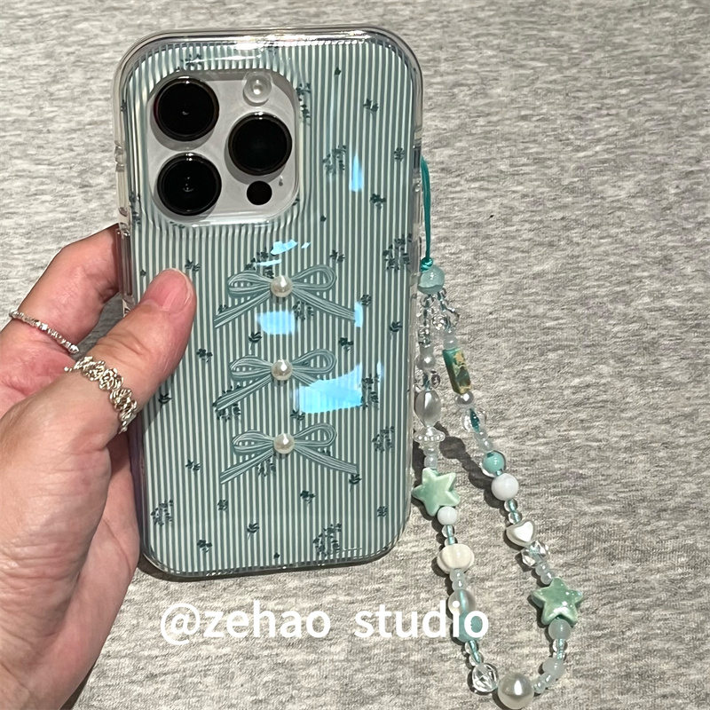 ZEHAO*ins绿条纹碎花珍珠蝴蝶结双层印花韩系14适用iphone16promax苹果16pro手机壳苹果16/1315Promax保护套1