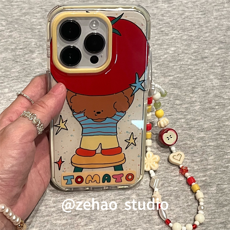 ZEHAO*ins可爱泰迪举着大番茄双层印花韩系14适用iphone16promax苹果16pro手机壳苹果16/13软15Promax保护套1