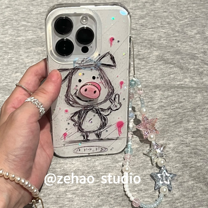 ZEHAO*ins白底趣味潦草风小猪双层印花韩系14适用iphone16promax苹果16pro手机壳苹果16/13软15Promax保护套1