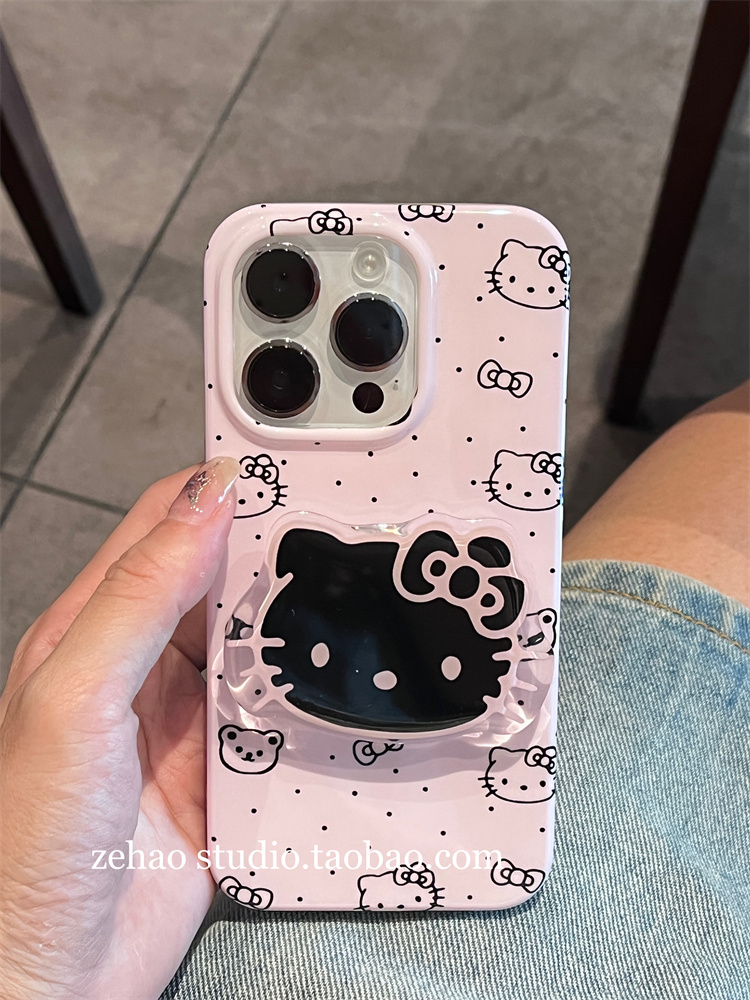 ins甜粉圆点猫咪桃心支架手机壳