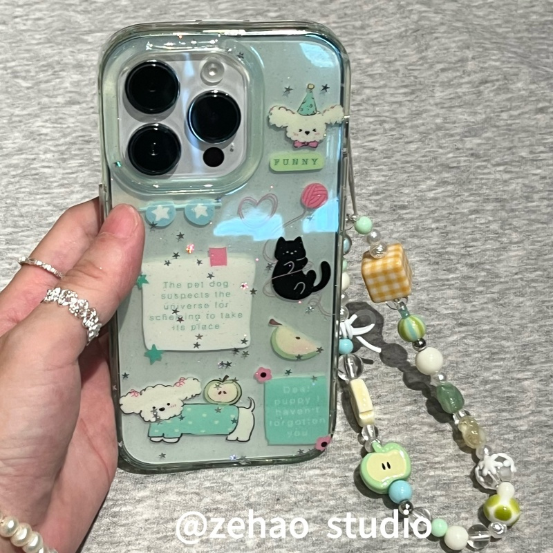 ZEHAO*ins细闪薄荷绿小黑猫双层印花韩系14适用iphone16promax苹果16pro手机壳苹果16/13软15Promax保护套1女