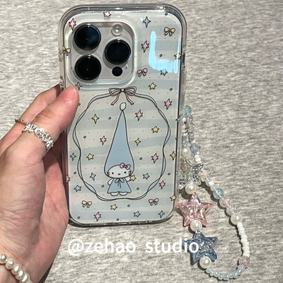 ZEHAO*ins白蓝色长帽子kitty双层印花韩系15p适用iphone16promax苹果16pro手机壳苹果14软17Promax保护套女16