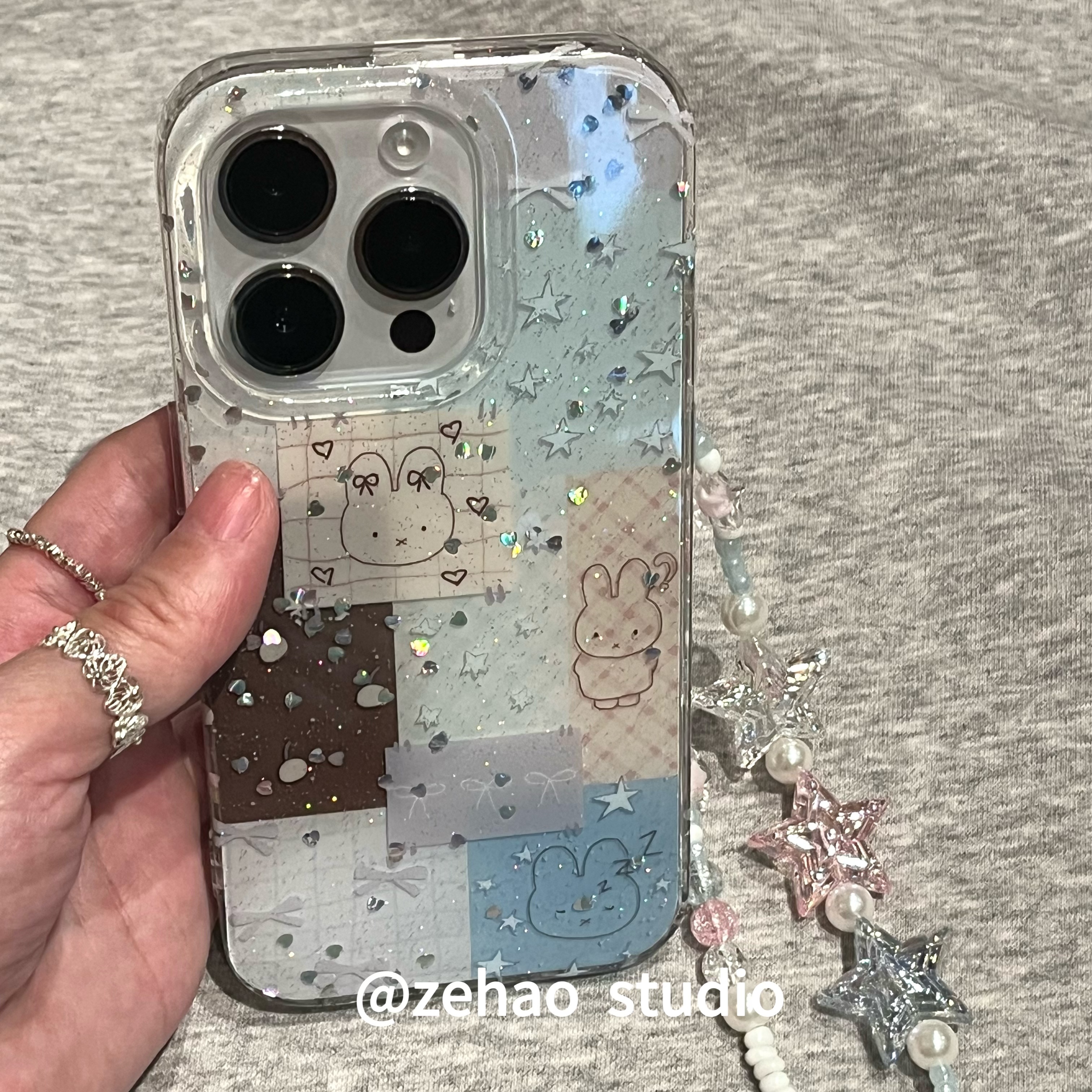 ZEHAO*ins可爱细闪标签兔子双层印花韩系14适用iphone16promax苹果16pro手机壳苹果16/13软15Promax保护套1女