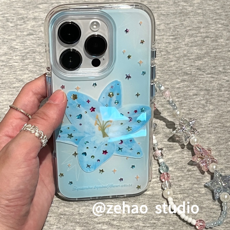 ZEHAO*ins晕染蓝钻石百合花双层印花韩系14适用iphone16promax苹果16pro手机壳苹果16/13软15Promax保护套1女