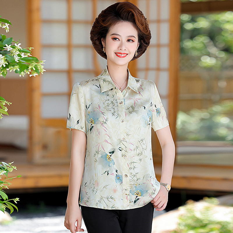 贵夫人妈妈夏装2025新款短袖雪纺衬衫中老年人上衣服中年女装套装