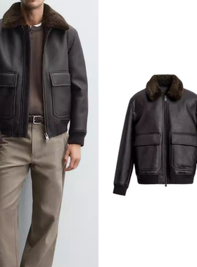 柜799！秋冬新品男款拼接领口皮革效果外套3548/108 3548108