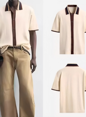 柜379！男装2026新款春季穿搭时尚宽松撞色短袖针织衬衫 3003406