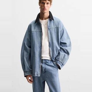 秋冬男装棉质宽松拼接翻领牛仔夹克薄棉服外套 9942400