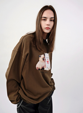 NEATO逆光【上新限时9折】古着感棕色复古猫咪卫衣 圣诞限定