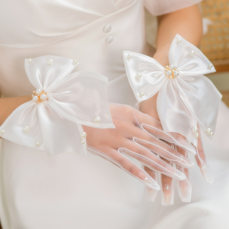 신부 메쉬 진주 활 장갑 달콤한 신부 새틴 레이스 소프트 웨딩 베일 웨딩 신부 들러리 복고풍