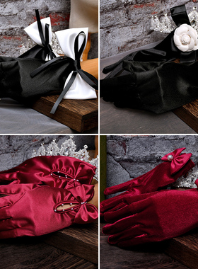 新娘结婚热巴同款黑色金丝绒手套女赫本风复古晚宴礼服婚纱手臂套