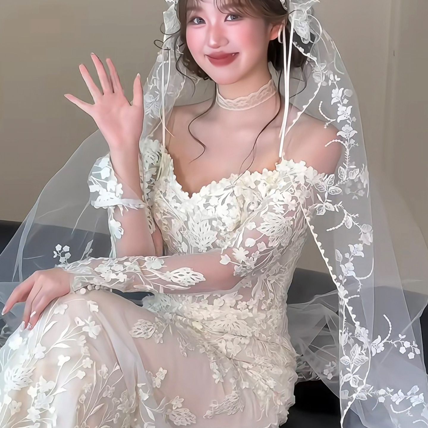 新娘波浪纹蕾丝萝莉头纱超仙森系