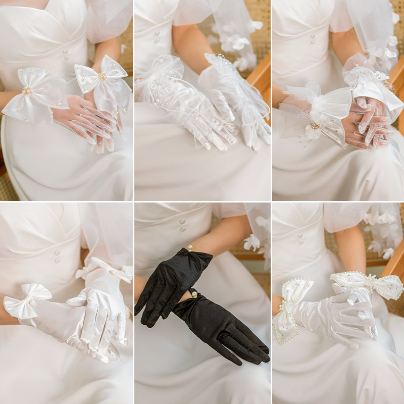 신부 메쉬 진주 활 장갑 달콤한 신부 새틴 레이스 소프트 웨딩 베일 웨딩 신부 들러리 복고풍