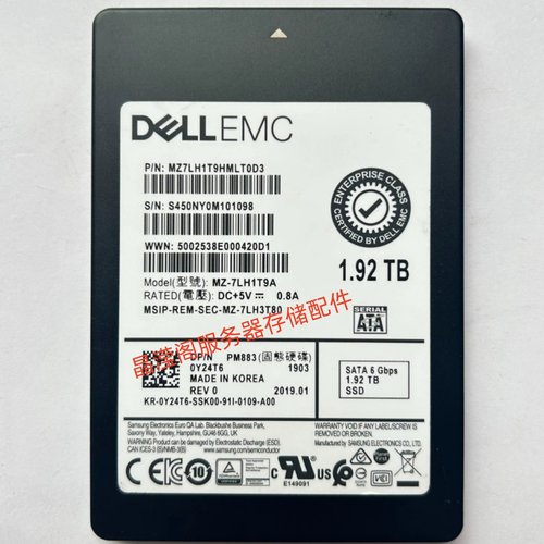 原装 DELL PM883 1.92T SATA SSD 2.5 0Y24T6 MZ-7LH1T9A固态硬盘