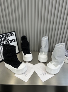 欧货水钻网纱套筒堆堆靴女2026新款 百搭增高休闲短靴厚底松糕短靴