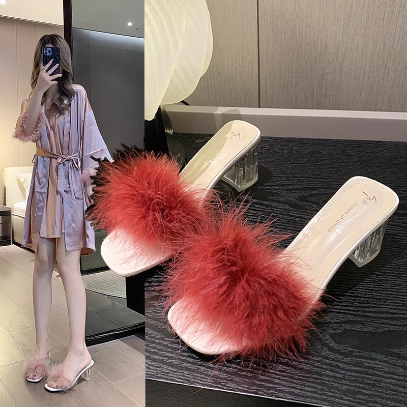 粗跟拖毛毛鞋新娘伴娘晨袍搭配鞋