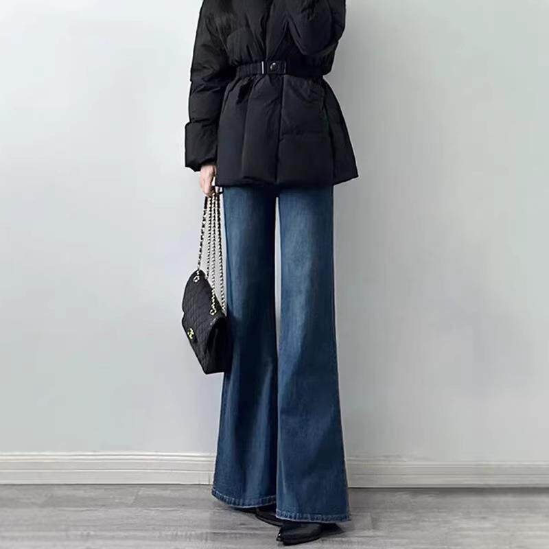 港风复古加绒加厚阔腿牛仔裤女2026新款冬季高腰显瘦小个子直筒裤