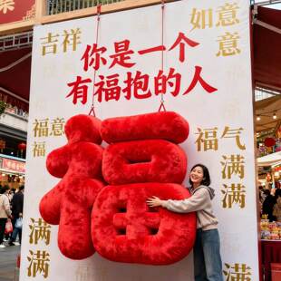 商场景区网红超大毛绒抱抱福字装饰新年福报墙打卡墙拍照道具定制