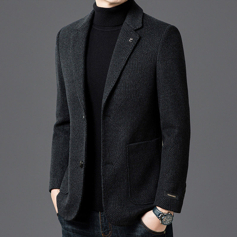 IKAC羊毛西服秋冬新款中年男士单西外套休闲修身羊毛呢子西装上衣